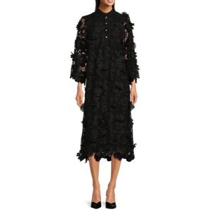 J.Marie Small Black Seraphina Floral 3D Lace 3/4 Sleeve Midi Kaftan Shift Dress